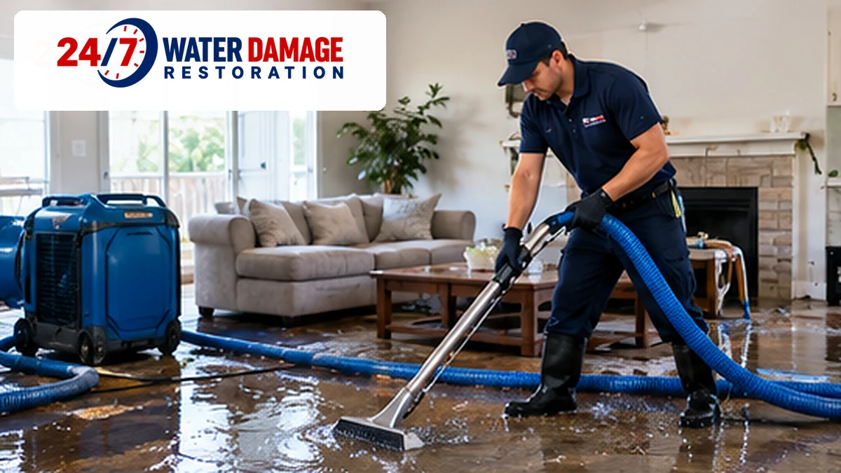 Water damage restoration technician removing standing water from a flooded residential living room in a branded illustration