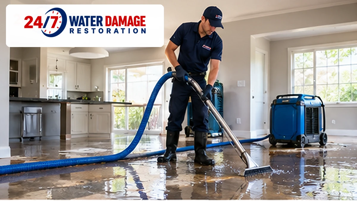 Restoration technician using a professional extraction wand to remove pooled water from residential flooring