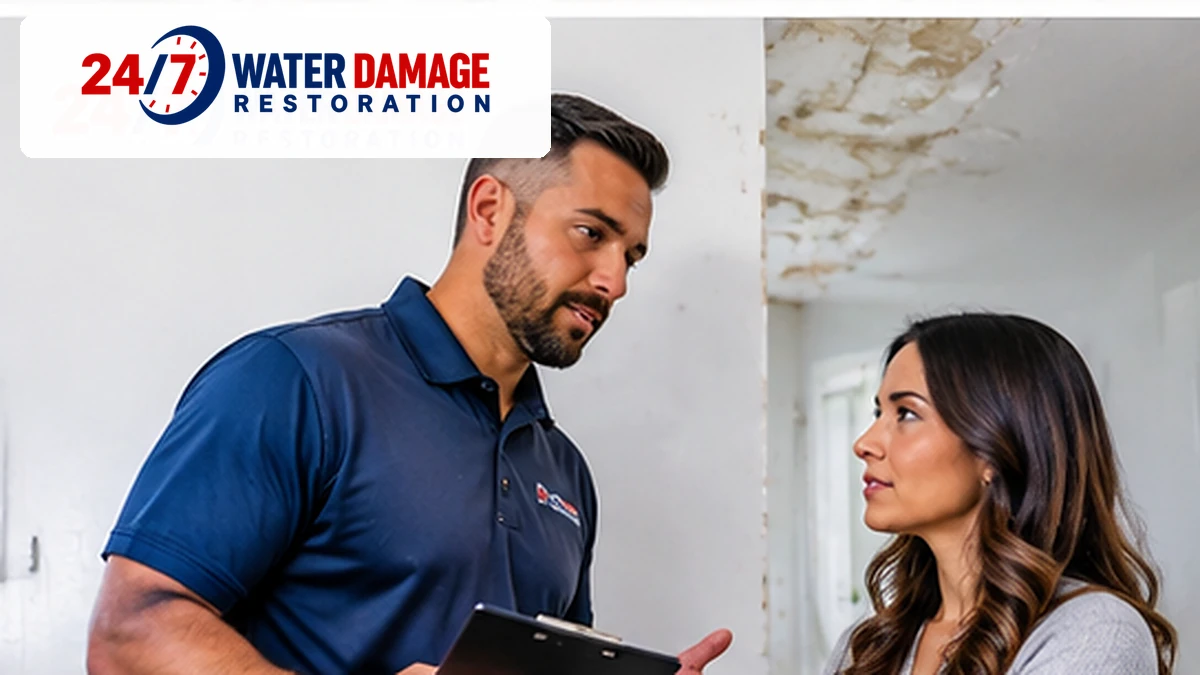 Water restoration representative discussing visible wall and ceiling water damage with a homeowner