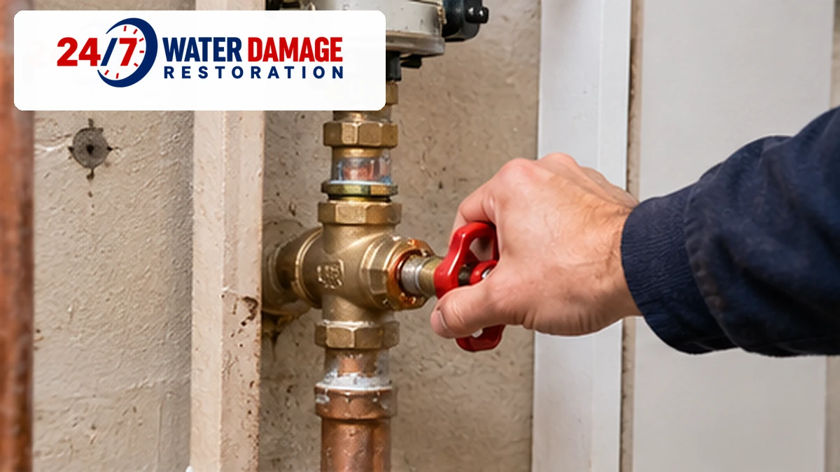 Close-up illustration of a hand operating a water shutoff valve on a copper plumbing line