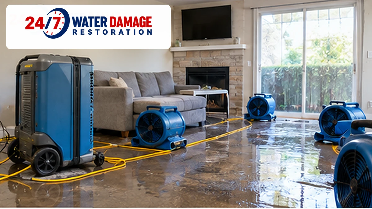 Air movers and a commercial dehumidifier positioned in a residential room for structural drying