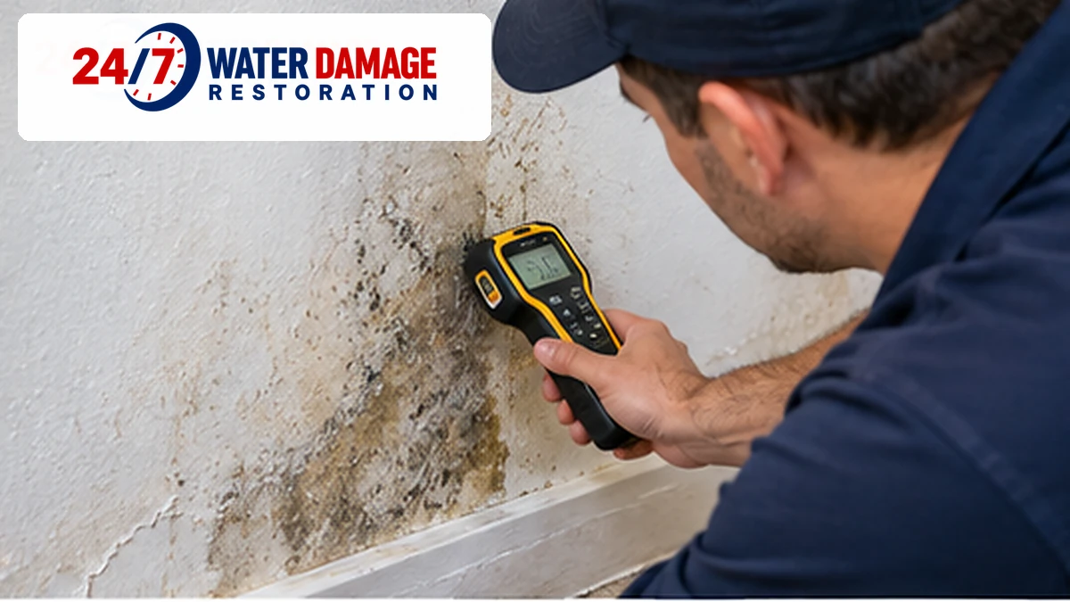 Water damage technician checking moisture conditions on an affected interior wall with a handheld meter